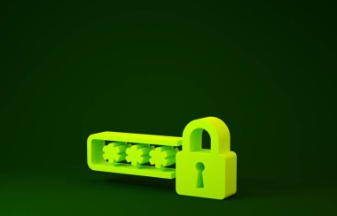 Sarı Parola koruması ve yeşil arka planda izole edilmiş güvenlik erişim simgesi. Kilit simgesi. Güvenlik, güvenlik, koruma, gizlilik kavramı. Minimalizm kavramı. 3d illüstrasyon 3d canlandırma