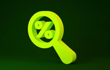 Yellow Magnifying glass with percent discount icon isolated on green background. Discount offers searching. Search for discount sale sign. Minimalism concept. 3d illustration 3D render