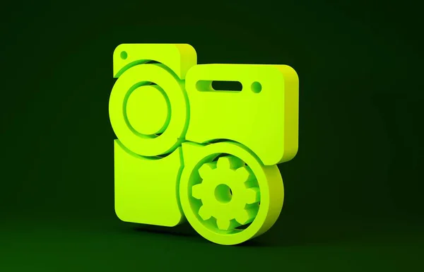 Κίτρινη βιντεοκάμερα και εικονίδιο εργαλείων που απομονώνονται σε πράσινο φόντο. Ρύθμιση της εφαρμογής, έννοια της υπηρεσίας, επιλογές ρύθμισης, συντήρηση, επισκευή, στερέωση. Μινιμαλιστική έννοια. 3D απεικόνιση 3d καθιστούν — Φωτογραφία Αρχείου