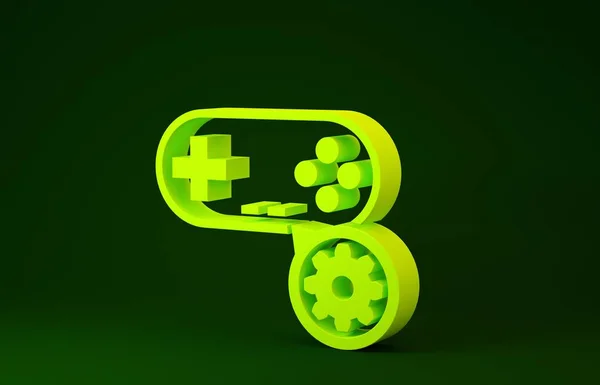 Gele Gamepad en versnelling pictogram geïsoleerd op groene achtergrond. Aanpassen app, service concept, instelling opties, onderhoud, reparatie, vaststelling. Minimalisme concept. 3d illustratie 3d renderen — Stockfoto