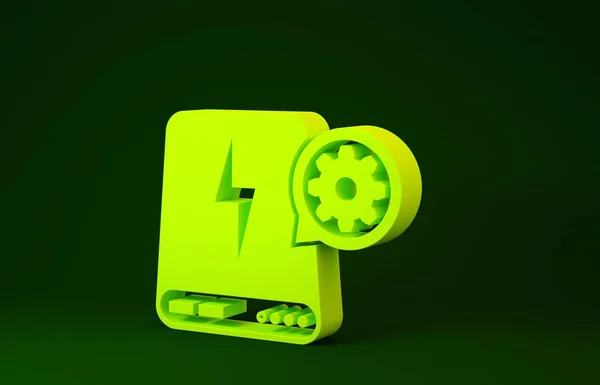 Yellow Power bank and gear icon isolated on green background. Adjusting app, service concept, setting options, maintenance, repair, fixing. Minimalism concept. 3d illustration 3D render — 스톡 사진