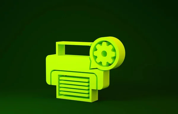 Желтый принтер и значок передач изолированы на зеленом фоне. Настройка приложения, концепции сервиса, настройки опций, обслуживания, ремонта, фиксации. Концепция минимализма. 3D-рендеринг — стоковое фото