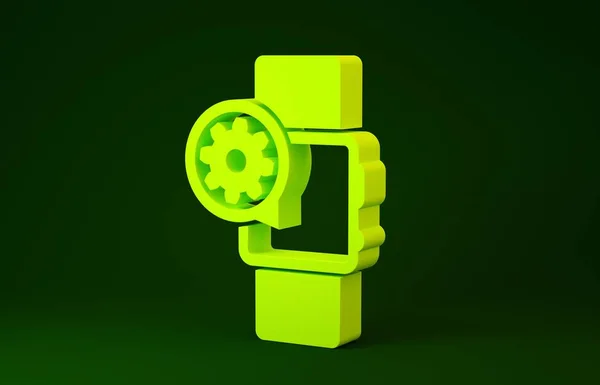 Żółty Smartwatch i ikona biegu izolowane na zielonym tle. Regulacja aplikacji, koncepcja usługi, opcje ustawień, konserwacja, naprawa, naprawa. Koncepcja minimalizmu. Ilustracja 3d — Zdjęcie stockowe