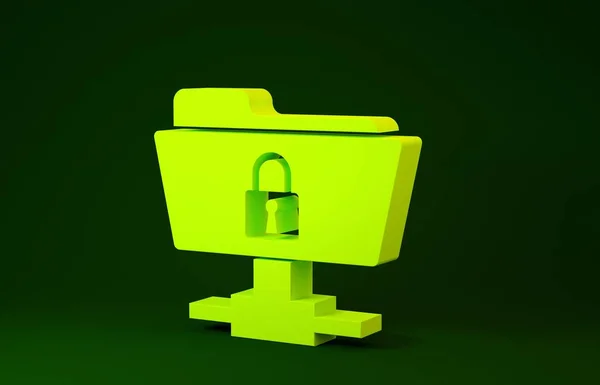 Żółty folder Ftp i ikona blokady izolowane na zielonym tle. Koncepcja aktualizacji oprogramowania, protokół transferu ftp. Ochrona, bezpieczeństwo, koncepcja ochrony. Koncepcja minimalizmu. Ilustracja 3d — Zdjęcie stockowe