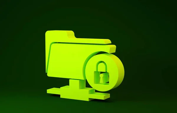 黄色のFTPフォルダと緑色の背景に隔離されたロックアイコン。ソフトウェア更新、 ftp転送プロトコルの概念。セキュリティ、安全、保護の概念。最小限の概念。3Dイラスト3Dレンダリング — ストック写真