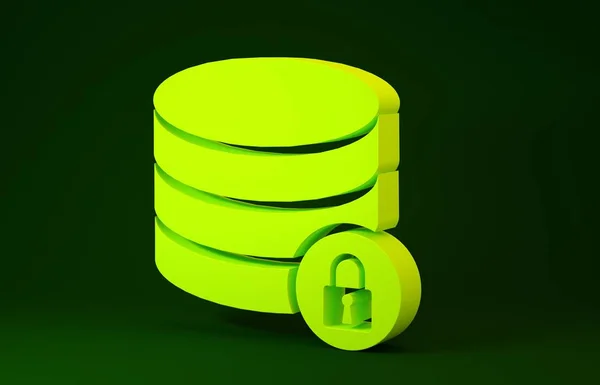 Zabezpečení žlutého serveru s ikonou uzavřeného zámku izolovanou na zeleném pozadí. Databáze a zámek. Bezpečnost, bezpečnost, koncepce ochrany. Minimalismus. 3D ilustrace 3D vykreslení — Stock fotografie