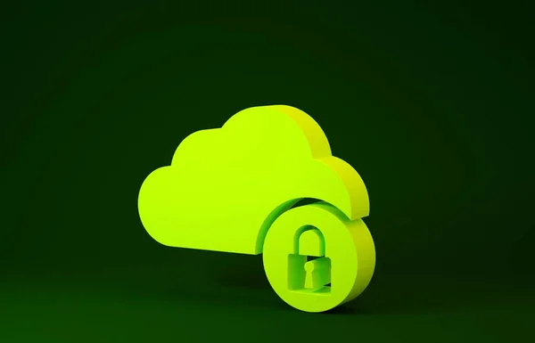 Yellow Cloud computing lock icon isolated on green background. Security, safety, protection concept. Minimalism concept. 3d illustration 3D render — 스톡 사진