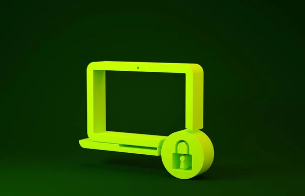 Laptop giallo e icona di blocco isolato su sfondo verde. Computer e lucchetto. Sicurezza, concetto di protezione. Interrete sicura. Concetto minimalista. Illustrazione 3d rendering 3D — Foto Stock