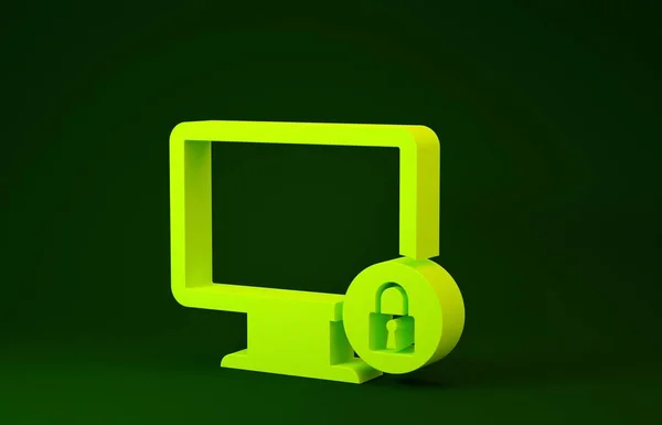 Bloqueio amarelo no ícone da tela do monitor do computador isolado no fundo verde. Monitor e cadeado. Segurança, segurança, proteção conceito. Uma interrede segura. Conceito de minimalismo. 3D ilustração 3D render — Fotografia de Stock