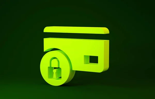 Cartão de crédito amarelo com ícone de bloqueio isolado no fundo verde. Cartão bancário trancado. Segurança, segurança, proteção conceito. Conceito de um pagamento seguro. Conceito de minimalismo. 3D ilustração 3D render — Fotografia de Stock