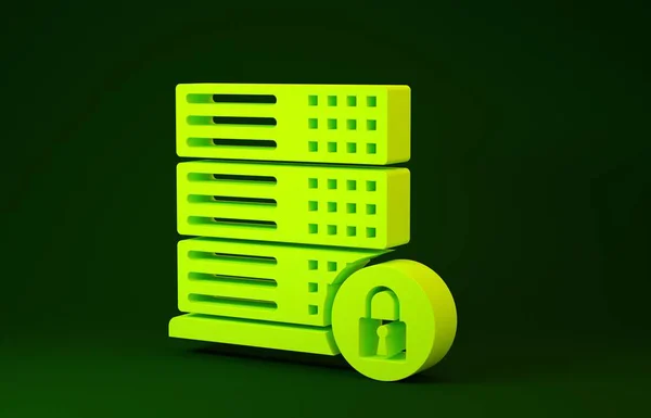 Seguridad del servidor amarillo con el icono de candado cerrado aislado sobre fondo verde. Seguridad, seguridad, concepto de protección. Concepto minimalista. 3D ilustración 3D render —  Fotos de Stock
