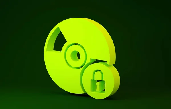 Disco giallo CD o DVD con lucchetto chiuso isolato su sfondo verde. Segno di compact disc. Sicurezza, concetto di protezione. Concetto minimalista. Illustrazione 3d rendering 3D — Foto Stock