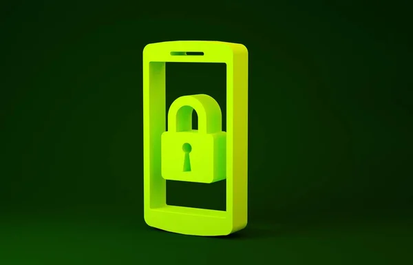 黄色智能手机,闭锁图标,绿色背景隔离.有锁的电话流动安保、安全、保护概念。最低纲领的概念。3D渲染3D插图 — 图库照片
