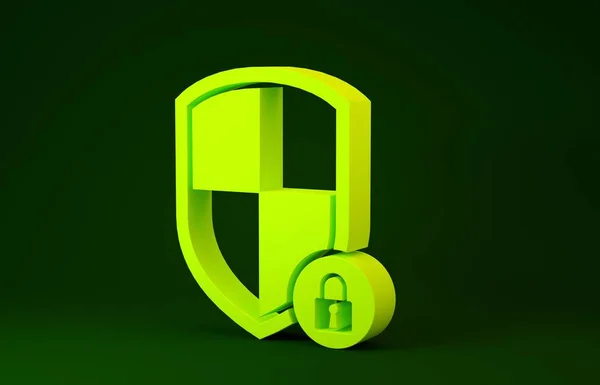 Escudo amarillo de seguridad con icono de bloqueo aislado sobre fondo verde. Protección, seguridad, seguridad con contraseña. Señal de privacidad de acceso al firewall. Concepto minimalista. 3D ilustración 3D render — Foto de Stock