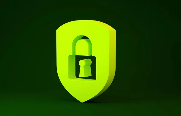 Yellow Shield security with lock icon isolated on green background. Protection, safety, password security. Firewall access privacy sign. Minimalism concept. 3d illustration 3D render — Stockfoto