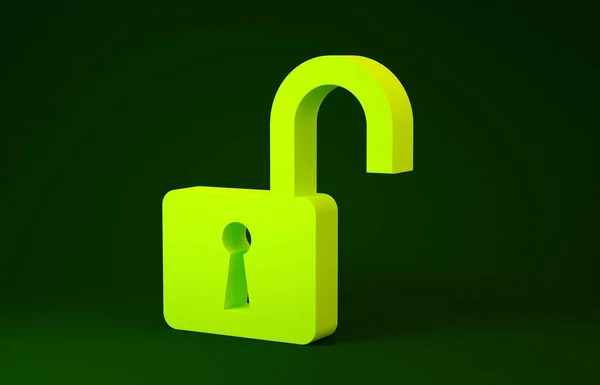 Yellow Open padlock icon isolated on green background. Opened lock sign. Cyber security concept. Digital data protection. Safety safety. Minimalism concept. 3d illustration 3D render — Stockfoto