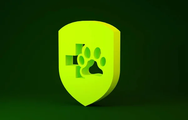 緑の背景に隔離された黄色の動物健康保険アイコン。ペット保護アイコン。犬や猫の足のプリント。最小限の概念。3Dイラスト3Dレンダリング — ストック写真