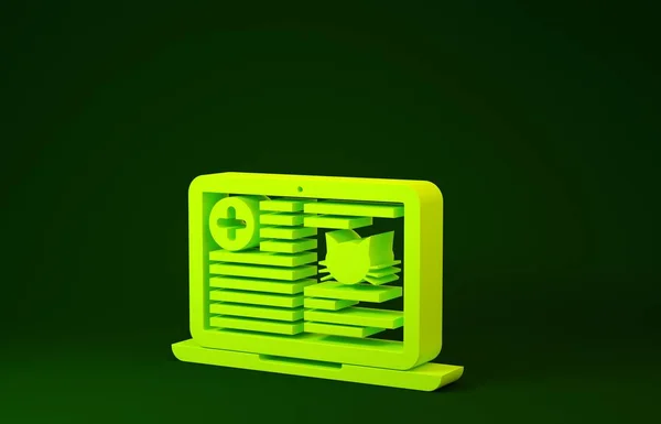 Жовта медична кішка на іконі ноутбука ізольована на зеленому фоні. Медична страховка. Рецепт, рапорт медичних перевірок. Концепція мінімалізму. 3d Illustrated 3d render — стокове фото