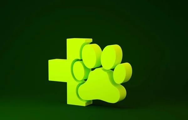 Ícone de símbolo de clínica veterinária amarelo isolado no fundo verde. Assinatura do hospital. Uma pata estilizada imprimir cão ou gato. Sinal de primeiros socorros. Conceito de minimalismo. 3D ilustração 3D render — Fotografia de Stock