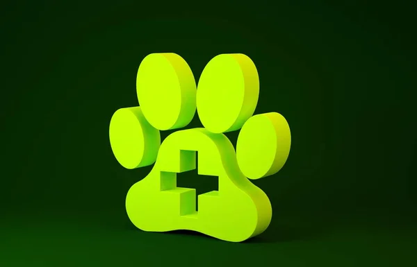 Yellow Veterinary clinic symbol icon isolated on green background. Cross hospital sign. A stylized paw print dog or cat. Pet First Aid sign. Minimalism concept. 3d illustration 3D render — Stockfoto