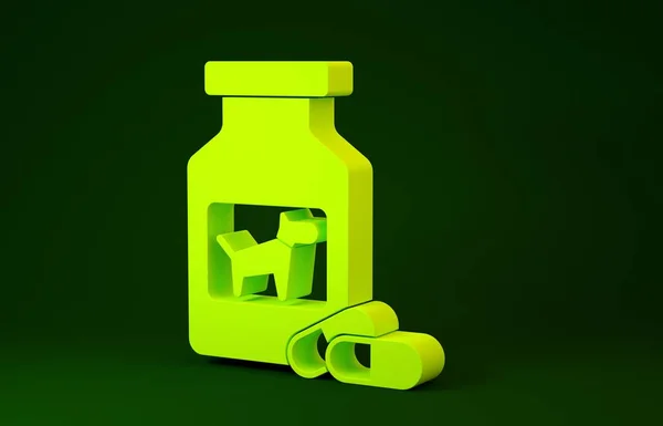 Yellow Dog medicijn fles en pillen pictogram geïsoleerd op groene achtergrond. Container met pillen. Voorgeschreven medicijnen voor dieren. Minimalisme concept. 3d illustratie 3d renderen — Stockfoto