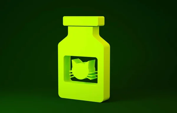 Amarelo ícone frasco de remédio Cat isolado no fundo verde. Recipiente com comprimidos. Medicamento prescrito para animais. Conceito de minimalismo. 3D ilustração 3D render — Fotografia de Stock