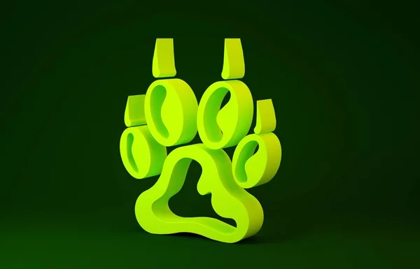 Ikona druku żółtej łapy odizolowana na zielonym tle. Odcisk palca psa lub kota. Ślady zwierząt. Koncepcja minimalizmu. Ilustracja 3D 3D renderowania — Zdjęcie stockowe
