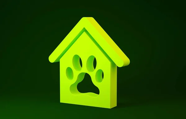 Casa de perro amarillo y pata de animal doméstico icono de impresión aislado sobre fondo verde. Una perrera. Concepto minimalista. 3D ilustración 3D render — Foto de Stock