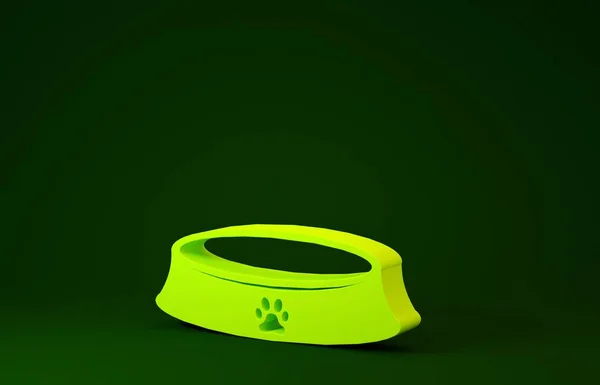 Tazón de comida Yellow Pet para gato o perro icono aislado sobre fondo verde. Huella de pata de perro o gato. Concepto minimalista. 3D ilustración 3D render —  Fotos de Stock