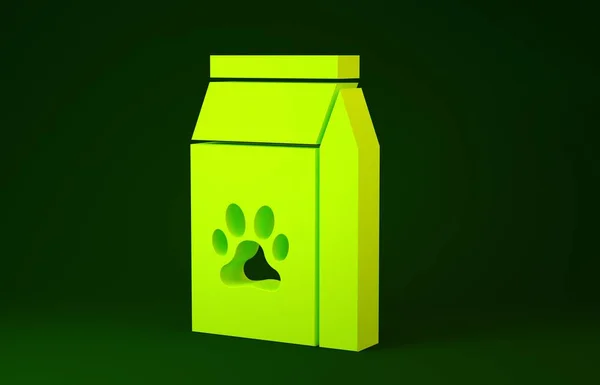 Yellow Bag of food for pet icon isolated on green background. Food for animals. Pet food package. Dog or cat paw print. Minimalism concept. 3d illustration 3D render — 스톡 사진