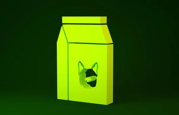 Kantong kuning makanan untuk ikon anjing terisolasi dengan latar belakang hijau. Makanan untuk hewan. Paket makanan hewan peliharaan. Konsep minimalisme. Tampilan 3D ilustrasi 3d — Stok Foto