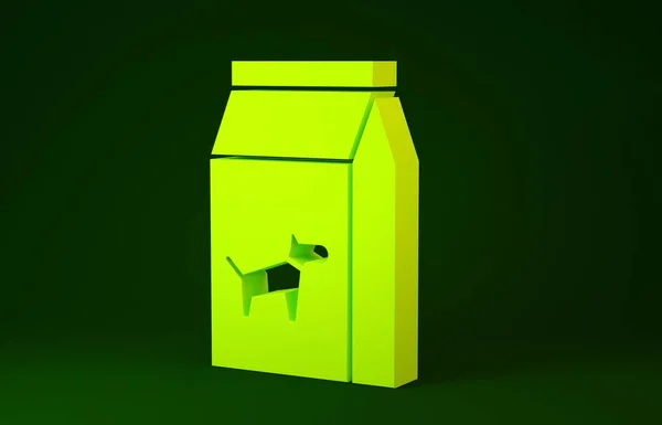 Giallo Sacchetto di cibo per icona del cane isolato su sfondo verde. Cibo per animali. Pacchetto cibo per animali. Concetto minimalista. Illustrazione 3d rendering 3D — Foto Stock