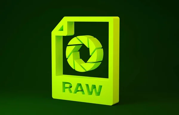 Documento de archivo RAW amarillo. Descargar icono de botón crudo aislado sobre fondo verde. Símbolo RAW. Concepto minimalista. 3D ilustración 3D render —  Fotos de Stock