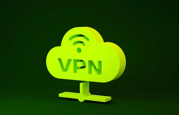緑の背景に隔離された黄色のVpnネットワーククラウド接続アイコン。社会技術クラウドコンピューティングの概念。最小限の概念。3Dイラスト3Dレンダリング — ストック写真