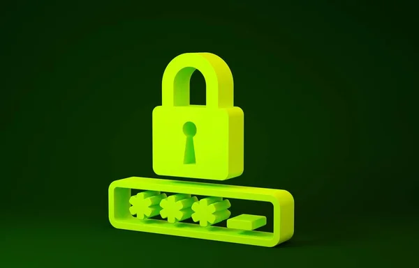 Yellow Password protection and safety access icon isolated on green background. Lock icon. Security, safety, protection, privacy concept. Minimalism concept. 3d illustration 3D render