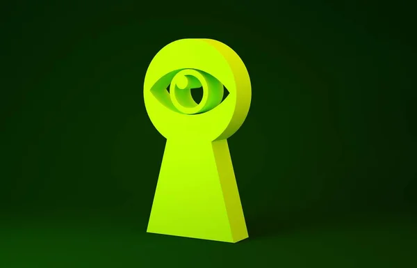 Cerradura amarilla con icono de ojo aislado sobre fondo verde. El ojo mira en el ojo de la cerradura. Ojo de cerradura. Concepto minimalista. 3D ilustración 3D render —  Fotos de Stock