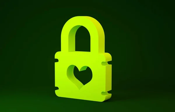 Lucchetto giallo con icona del cuore isolato su sfondo verde. Cuore chiuso a chiave. Simbolo d'amore e simbolo del buco della serratura. Concetto minimalista. Illustrazione 3d rendering 3D — Foto Stock
