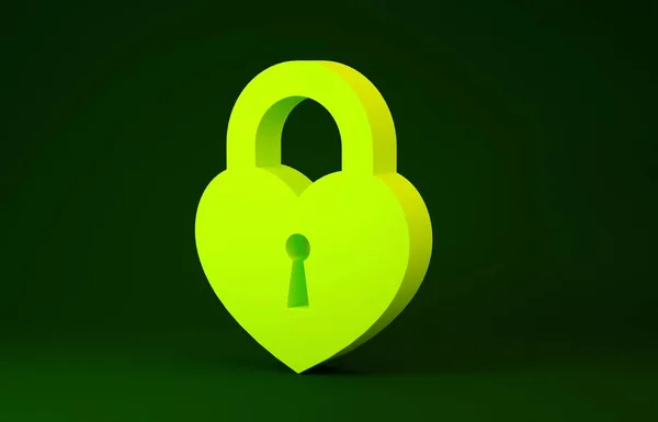 Yellow Castle in the shape of a heart icon isolated on green background. Locked Heart. Love symbol and keyhole sign. Minimalism concept. 3d illustration 3D render