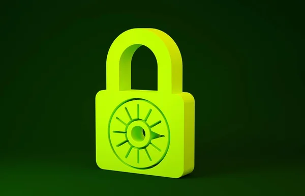 Giallo Sicuro combinazione blocco icona ruota isolato su sfondo verde. Lucchetto a combinazione. Sicurezza, protezione, protezione, password, privacy. Concetto minimalista. Illustrazione 3d rendering 3D — Foto Stock