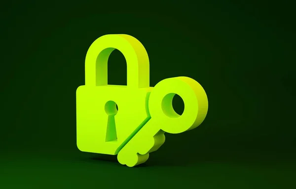 Żółty zamek i ikona klucza na zielonym tle. Znak kłódki. Bezpieczeństwo, ochrona, koncepcja prywatności. Koncepcja minimalizmu. Ilustracja 3d — Zdjęcie stockowe
