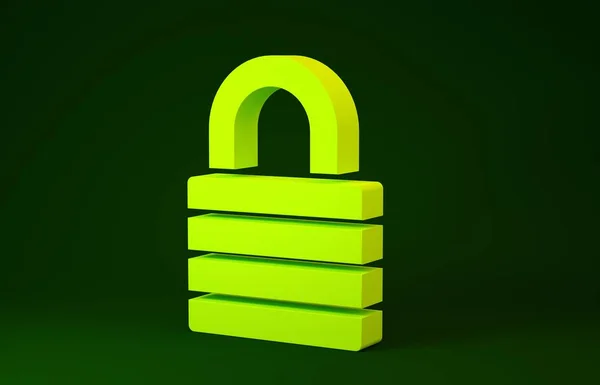 Sárga zár ikon elszigetelt zöld alapon. Lakat jel. Biztonság, biztonság, védelem, adatvédelem. Minimalizmus koncepció. 3d illusztráció 3D render — Stock Fotó