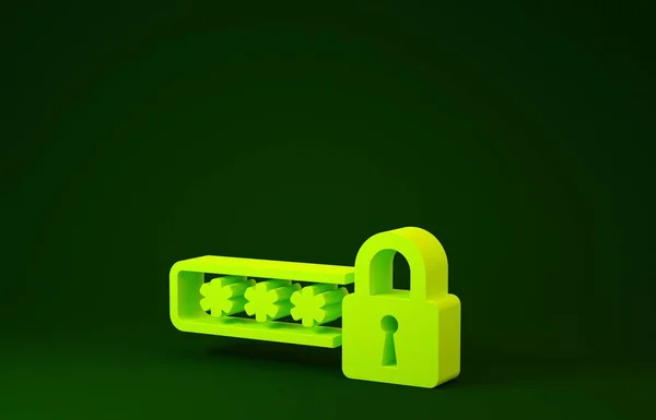 Amarelo Proteção por senha e ícone de acesso de segurança isolado no fundo verde. Ícone de bloqueio. Segurança, segurança, proteção, conceito de privacidade. Conceito de minimalismo. 3D ilustração 3D render — Fotografia de Stock