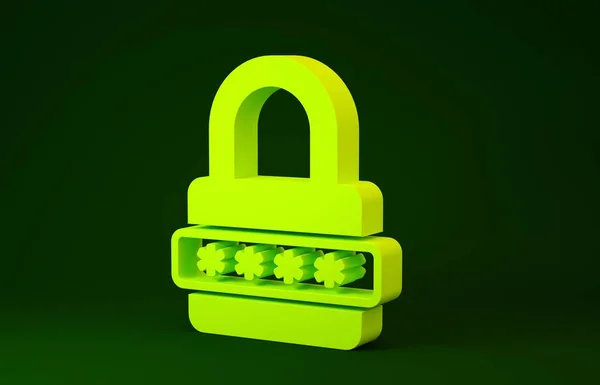 Žlutá Ochrana hesla a bezpečnostní přístup ikona izolované na zeleném pozadí. Uzamknout ikonu. Zabezpečení, bezpečnost, ochrana, ochrana soukromí. Minimalismus. 3D ilustrace 3D vykreslení — Stock fotografie