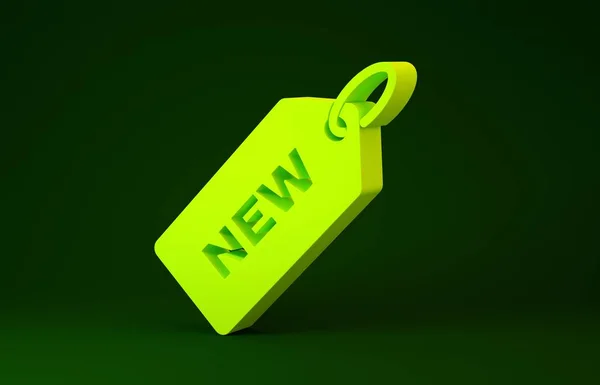 Желтый ценник с надписью Новая иконка выделена на зеленом фоне. Значок по цене. Акция скидка. Концепция минимализма. 3D-рендеринг — стоковое фото