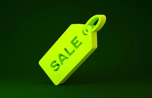 Gelbes Preisschild mit einer Inschrift auf grünem Hintergrund. Abzeichen für Preis. Promotag Rabatt. Minimalismus-Konzept. 3D Illustration 3D Renderer — Stockfoto