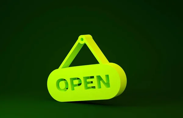 Sinal de suspensão amarelo com texto Ícone de porta aberta isolado no fundo verde. Conceito de minimalismo. 3D ilustração 3D render — Fotografia de Stock