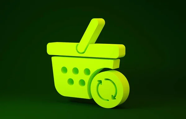 Yellow Refresh shopping basket icon isolated on green background. Online buying concept. Delivery service sign. Update supermarket basket. Minimalism concept. 3d illustration 3D render — 스톡 사진