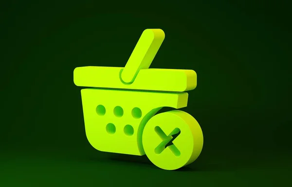 Kuning Hapus ikon keranjang belanja terisolasi pada latar belakang hijau. Konsep pembelian online. Tanda layanan pengiriman. Keranjang supermarket dan X mark. Konsep minimalisme. Tampilan 3D ilustrasi 3d — Stok Foto