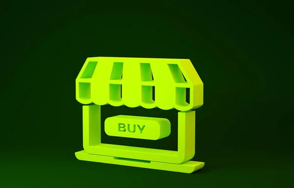 Желтая концепция онлайн-покупок. Купить на экране ноутбука значок, выделенный на зеленом фоне. Концепция электронной коммерции, онлайн бизнес-маркетинга. Концепция минимализма. 3D-рендеринг — стоковое фото