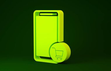 Sarı cep telefonu ve alışveriş arabası simgesi yeşil arka planda izole edilmiş. İnternetten satın alma sembolü. Süpermarket sepeti sembolü. Minimalizm kavramı. 3d illüstrasyon 3B canlandırma